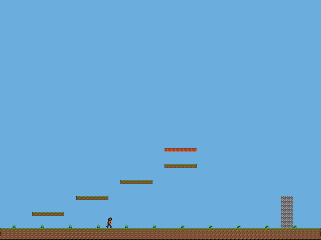 The platformer running: a character on a grassy ledge under a blue sky