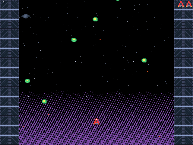 A shoot'em up running on papyDeck: a ship over a starfield, enemies, a scrolling nebula